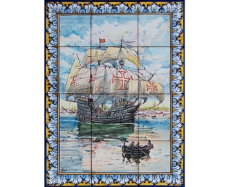 Portuguese tile. Hand-painted tile. Portuguese caravel