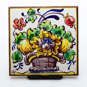 Portuguese hand painted tile. Tile with basket with flowers image 1