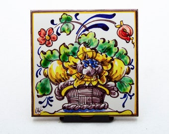 Portuguese hand painted tile. Tile with basket with flowers