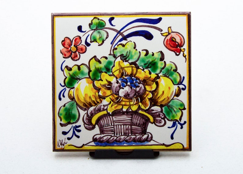 Portuguese hand painted tile. Tile with basket with flowers image 1