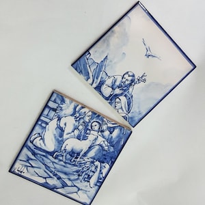 Pu&ograve; includere: Due piastrelle in ceramica blu e bianca che raffigurano una scena della Nativit&agrave;. La piastrella superiore mostra Giuseppe, Maria e una colomba che vola sopra. La piastrella inferiore mostra Maria, Giuseppe, il bambino Ges&ugrave; e un agnello.