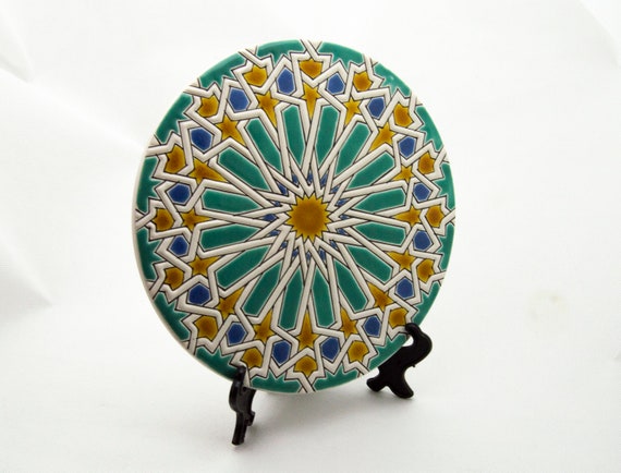 Hand-Painted Cuerda Seca Tile: Hispanic-Moorish Geometric Coaster