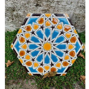 Set of 4 painted hexagonal coasters. Dry rope tile. Hispanic-Moorish tile. Hand painted
