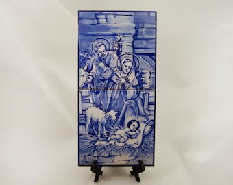 Nativity of Jesus. (Nativity scene). Holy Family. Portuguese tile, hand-painted in majolica technique