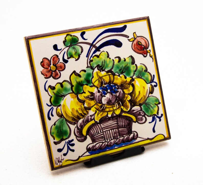 Portuguese hand painted tile. Tile with basket with flowers image 2