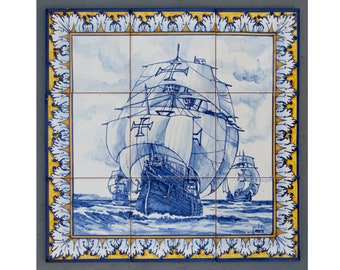 Portuguese caravel. Portuguese tile. Hand-painted using majolica technique