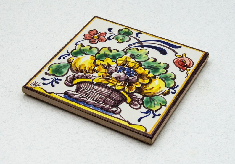 Portuguese hand painted tile. Tile with basket with flowers image 5
