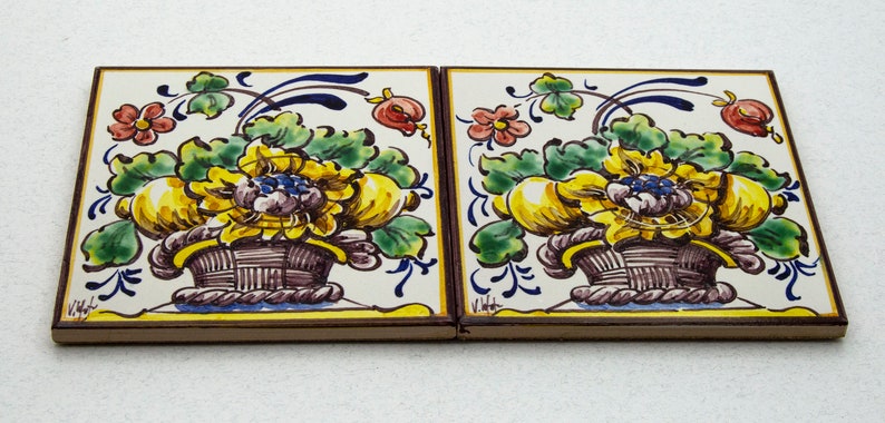 Portuguese hand painted tile. Tile with basket with flowers image 6