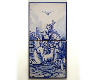 Nativity of Jesus. (Nativity scene). Holy Family. Portuguese tile, hand-painted in majolica technique