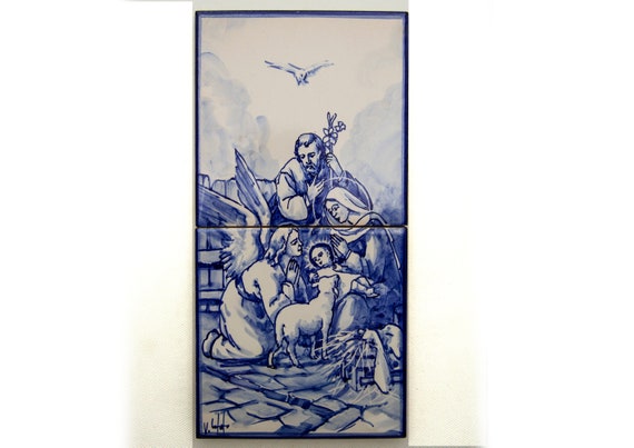 Nativity of Jesus. (Nativity scene). Holy Family. Portuguese tile, hand-painted in majolica technique