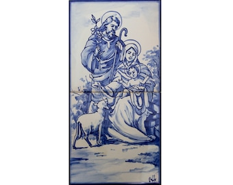 Nativity of Jesus. (Nativity scene). Holy Family. Portuguese tile, hand-painted in majolica technique