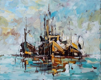 Boats at sea. marine landscape. Original painting