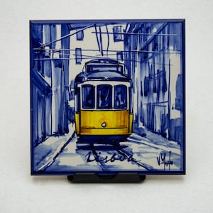 Lisbon Tram. Portuguese tile, hand-painted using majolica technique