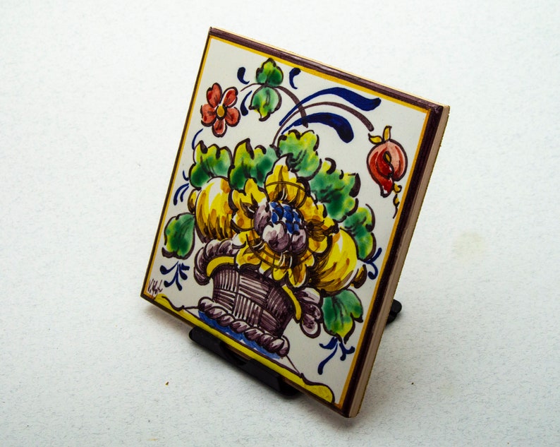 Portuguese hand painted tile. Tile with basket with flowers image 3