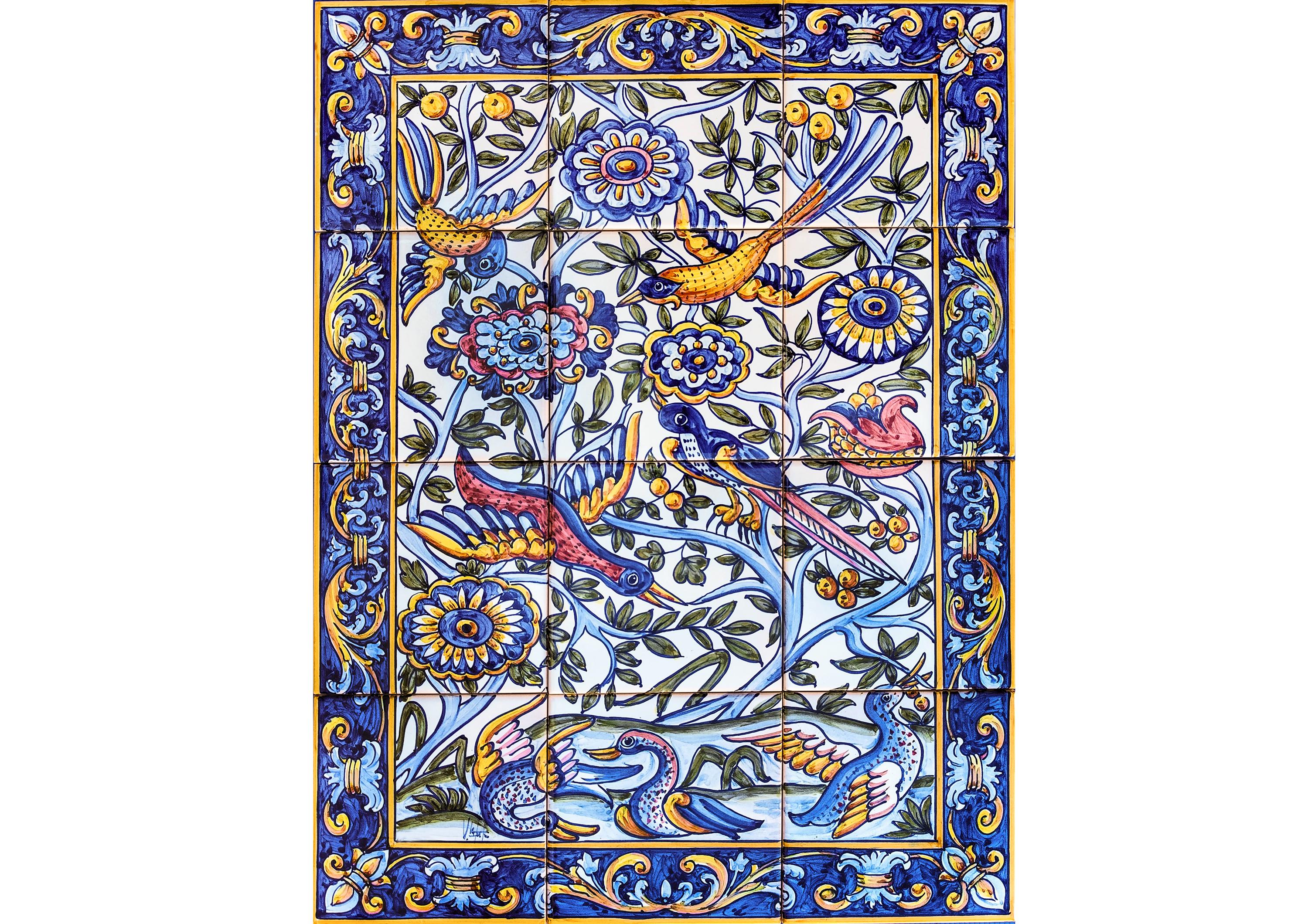 Tile panel with birds.Portuguese tile. Hand-painted tile.
