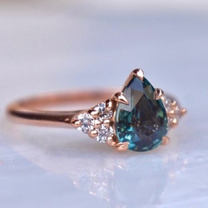 Teal Sapphire Engagement Ring Pear Shape 14K Rose Gold,Teal Sapphire Ring,Blue Green Sapphire Engagement Ring,Pear Cut Teal Sapphire Ring