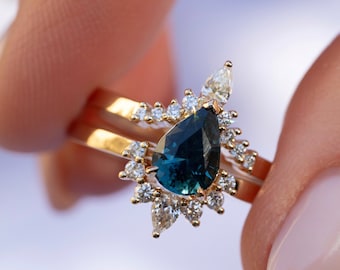 Teal Sapphire Engagement Ring w/ Diamonds 14K Rose Gold,Pear Shape Sapphire Engagement Ring Set,Blue Green Sapphire Ring Set