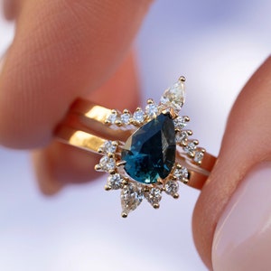 Teal Sapphire Engagement Ring w/ Diamonds 14K Rose Gold,Pear Shape Sapphire Engagement Ring Set,Blue Green Sapphire Ring Set