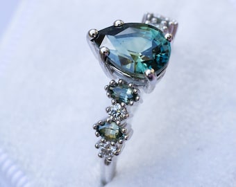 Green Sapphire and Diamonds Engagement Ring,Pear Cut Sapphire Engagement Ring,Blue Green Sapphire Ring,Unique Engagement Ring,Vintage Ring