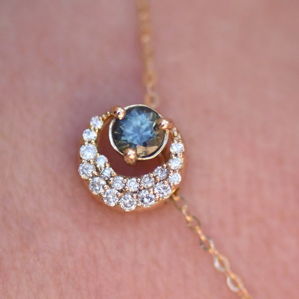 Sun and Moon Necklace w/ Montana Sapphire and Diamonds,Teal Sapphire Necklace,Montana Sapphire Necklace,Green Sapphire Necklace