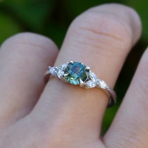 Teal Green Montana Sapphire Ring 14K White Gold,Montana Sapphire Engagement Ring,Cluster Engagement Ring,Sapphire Diamond Ring,Sapphire Ring