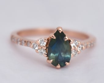 Green Sapphire and Diamond Engagement Ring 14K Rose Gold,Teal Sapphire Engagement Ring,Blue Green Sapphire Ring,Diamond Sapphire Ring