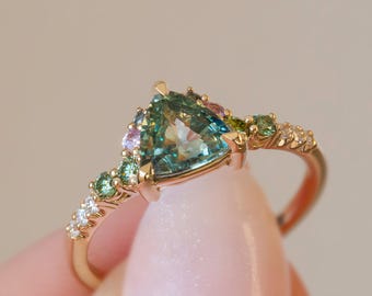 Trillion Shape Parti Sapphire Engagement Ring 14K Rose Gold,Sapphire and Diamond Cluster Engagement Ring,Teal Green Sapphire Engagement Ring