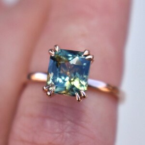 Parti Sapphire Engagement Ring 14K Rose Gold,Sapphire Cushion Ring,Teal Sapphire Engagement Ring,Montana Sapphire Ring, Bi Color Sapphire