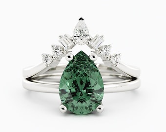 Teal Green Sapphire Engagement Ring Set w/ Diamonds,Tear Drop Teal Sapphire Ring,Blue Green Sapphire Engagement Ring Pear Shape