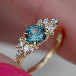 Teal Green Montana Sapphire Engagement Ring w/ Marquise Diamonds 14K Yellow Gold,Teal Sapphire Cluster Engagement Ring,Blue Green Sapphire