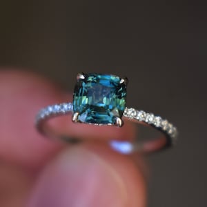 Teal Sapphire Hidden Halo Diamond Engagement Ring 14K Gold,Sapphire Diamonds Ring,Montana Sapphire Ring,Cushion Cut Sapphire Ring
