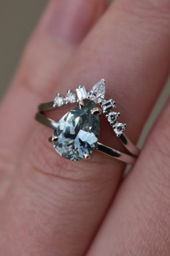 Aqua Blue Sapphire Engagement Ring Set montana Sapphire Engagement