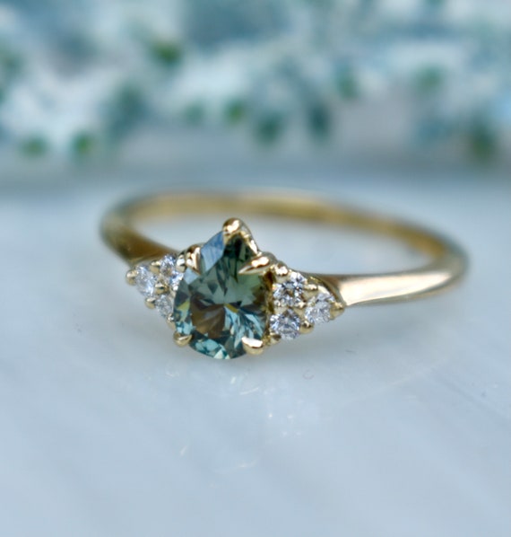 Teal Mint Green Montana Sapphire Ring 14K Gold montana Sapphire