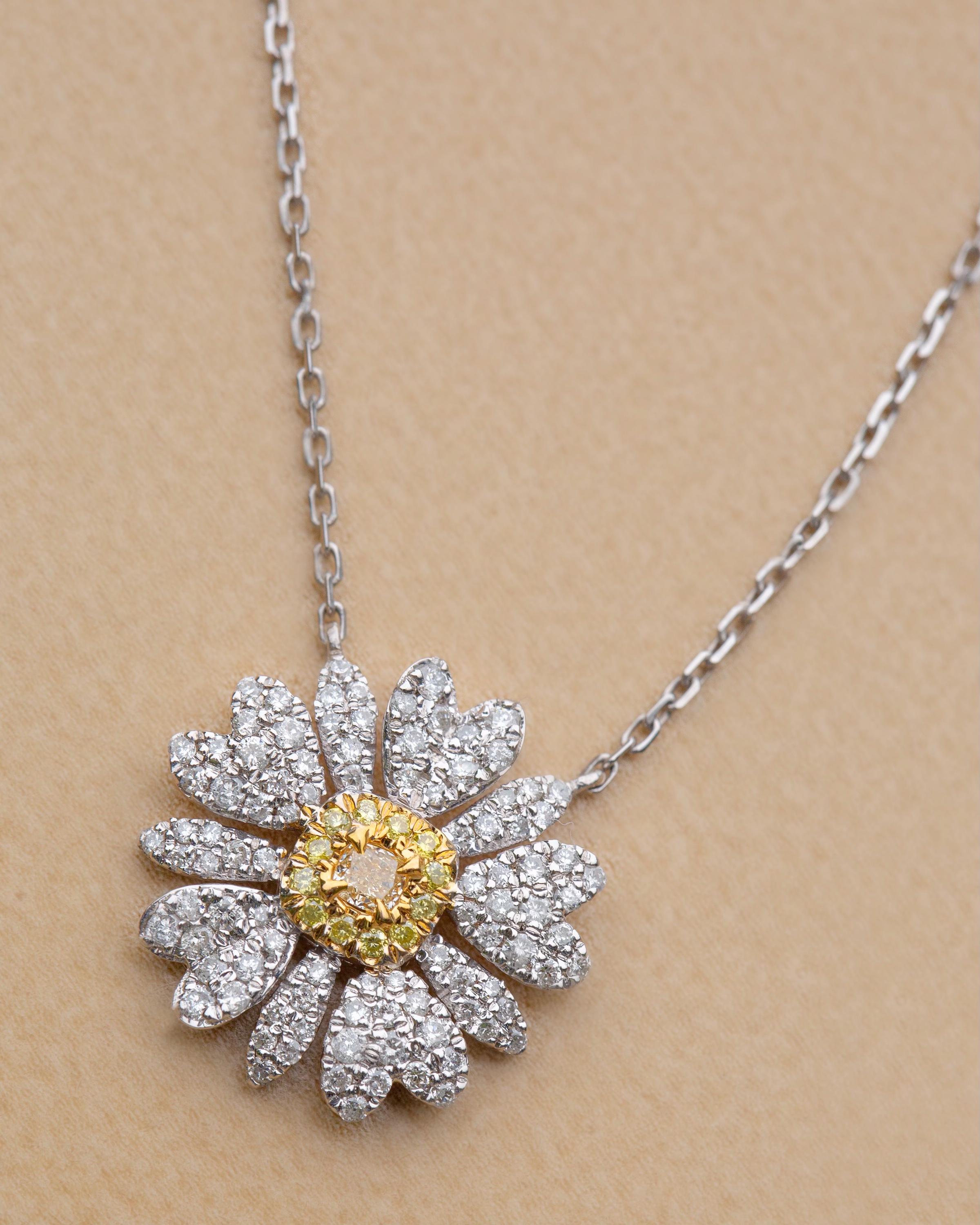 18K Solid Gold Diamond Daisy Necklace,daisy Flower Charm
