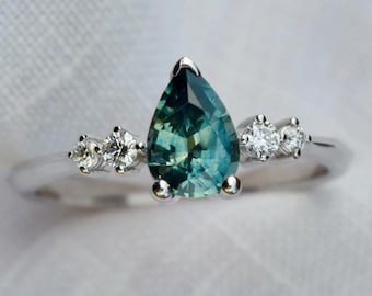Teal Blue Montana Sapphire Ring 14K Gold,Montana Sapphire Engagement Ring,Montana Sapphire Pear Shape,Teal Sapphire Ring,Teal Green Sapphire