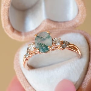 Moss Agate Ring w/ Natural Diamonds and Marquise Green Sapphires,Nature Inspired Engagement Ring,Moss Agate Engagement Ring,Green Moss Agate
