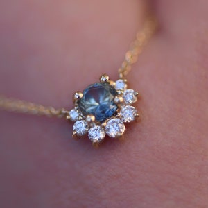 Montana Sapphire and Diamond Floral Necklace,Teal Montana Sapphire Pendant,Real Sapphire Pendant,Genuine Sapphire and Diamond Necklace