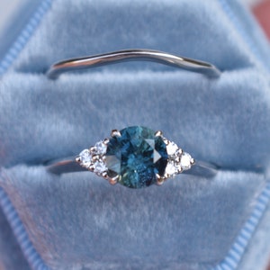 Teal Blue Montana Sapphire Engagement Ring Set 14K,Teal Blue Green Sapphire Ring,Mermaid Sapphire Ring,Round Montana Parti Sapphire Ring