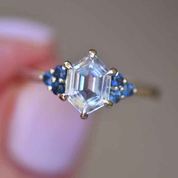 White Sapphire Hexagon Ring w/ Blue Montana Sapphires,White Sapphire Engagement Ring,Hexagon Sapphire Engagement Ring,Hexagon Sapphire Ring