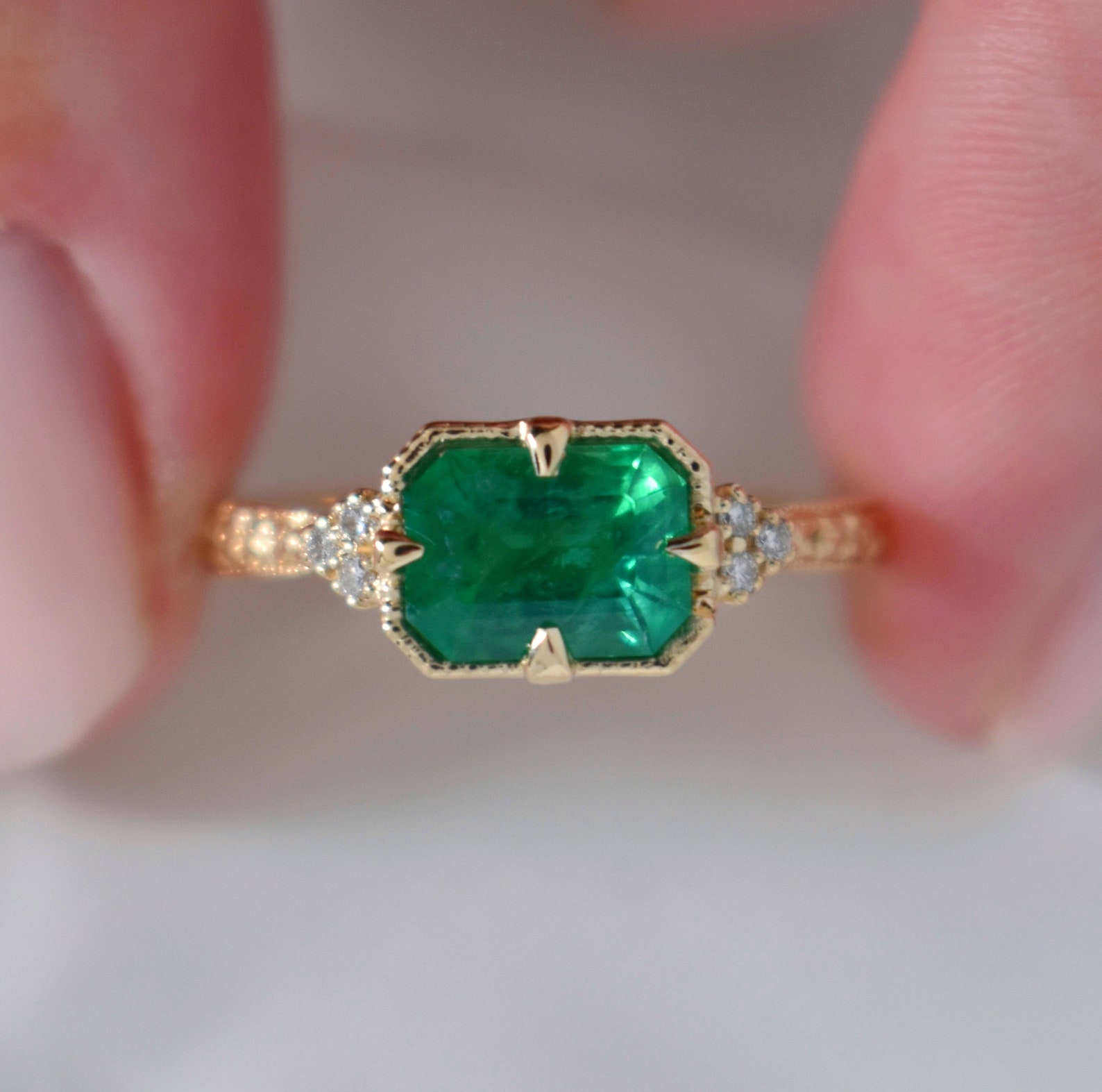 Emerald Engagement Ring With Diamonds 14K Yellow Gold,nature Engagement ...
