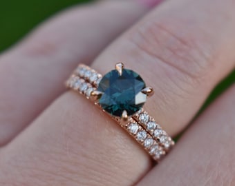 Teal Green Sapphire and Diamond Engagement Ring Set 14K Rose Gold,Teal Sapphire Hidden Halo Diamond Engagement Ring,Blue Green Sapphire Ring