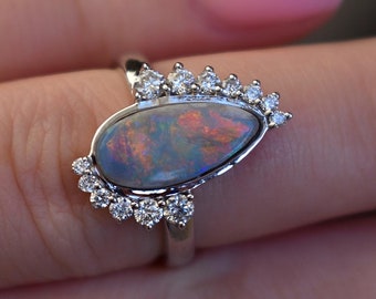 Opal Diamond Engagement Ring Gold,Opal Promise Ring,Opal Engagement Ring,Opal Ring Vintage,Opal Anniversary Ring,Oval Ring Diamond Accented