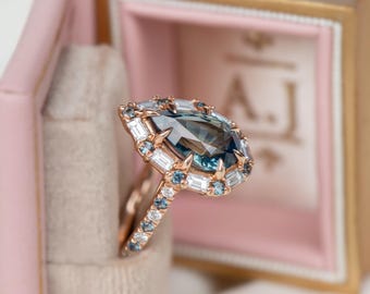 Aurora Teal Sapphire and Diamonds Engagement Ring,Pear Sapphire Engagement Ring,Art Deco Engagement Ring,Edwardian Engagement Ring