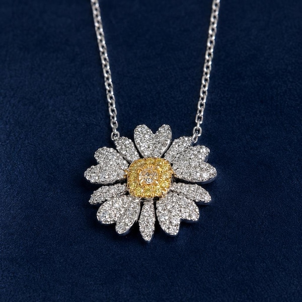 18K Solid Gold Diamond Daisy Necklace,Daisy Flower Charm Pendant Necklace,Birth Flower Necklace,Dainty Flower Necklace,Tiffany Style Pendant