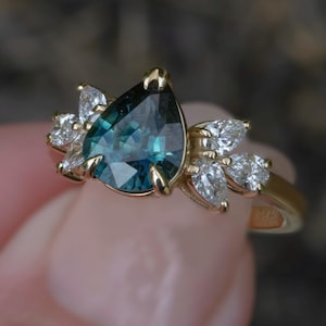 Celeste Teal Sapphire and Diamond Engagement Ring,Teal Sapphire Pear Ring,Alternative Engagement Ring,Three Stone Ring,Floral Ring