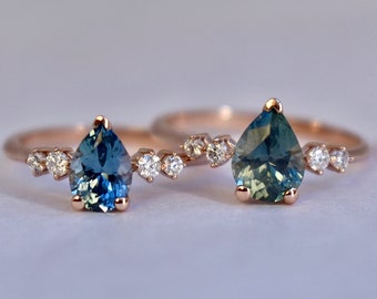 Montana Sapphire Pear Shaped Engagement Ring,Teal Green Montana Sapphire Ring,Montana Sapphire Engagement Ring,Montana Sapphire Pear,