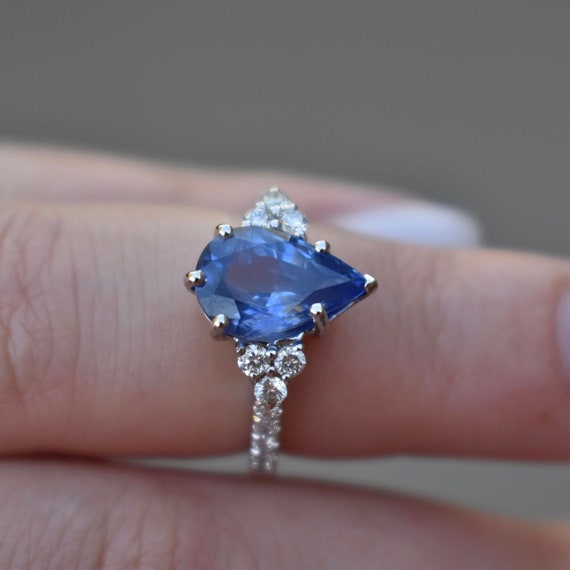1.50ct Ready to Ship Emery 14kt Gold Cornflower Blue Sapphire Salt Pepper  Diamond 3 Stone Oval Ring,Unique Sapphire Ring,Anniversary Gift