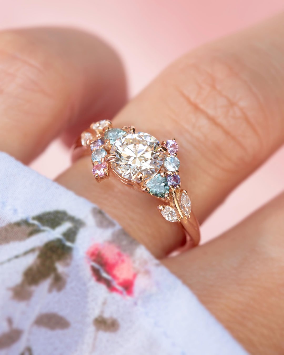 Enchanted Garden Nature Inspired Engagement Ring w/Diamond and Sapphires,Unique Engagement Ring ,Lab Grown Diamond Engagement Ring