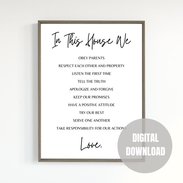 In This House We...Family House Rules / Family Values Printable Wall Art, Minimal Christian Wall Art, Entryway Decor INSTANT DOWNLOAD