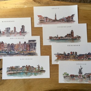 Ansichtkaarten set steden in Nederland - 10 x 21 cm - Amsterdam, Rotterdam, Delft, Den Haag, Haarlem, Dordrecht, Leiden, Gouda